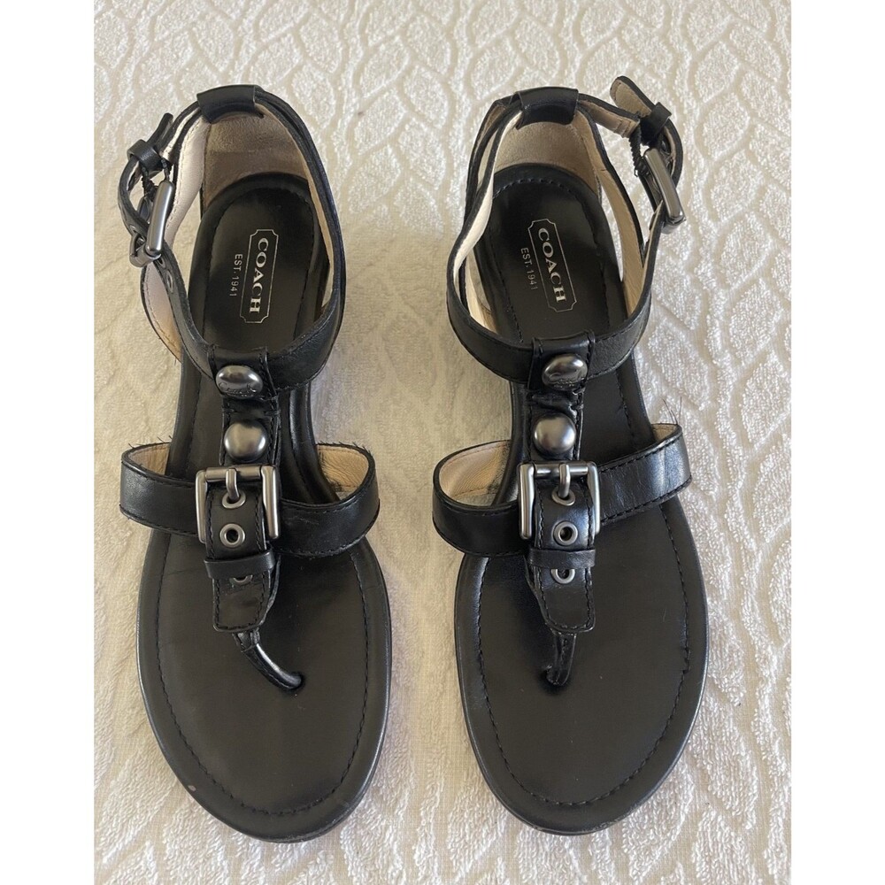 COACH Sz 6.5 Victoria Thong Sandals Black Leather T-Strap Silver-Toned Hardware